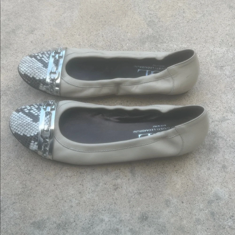 AGL Women's Beige Leather Snakeskin Silver Toe Caps Flats Size 43 EUR / 12 US